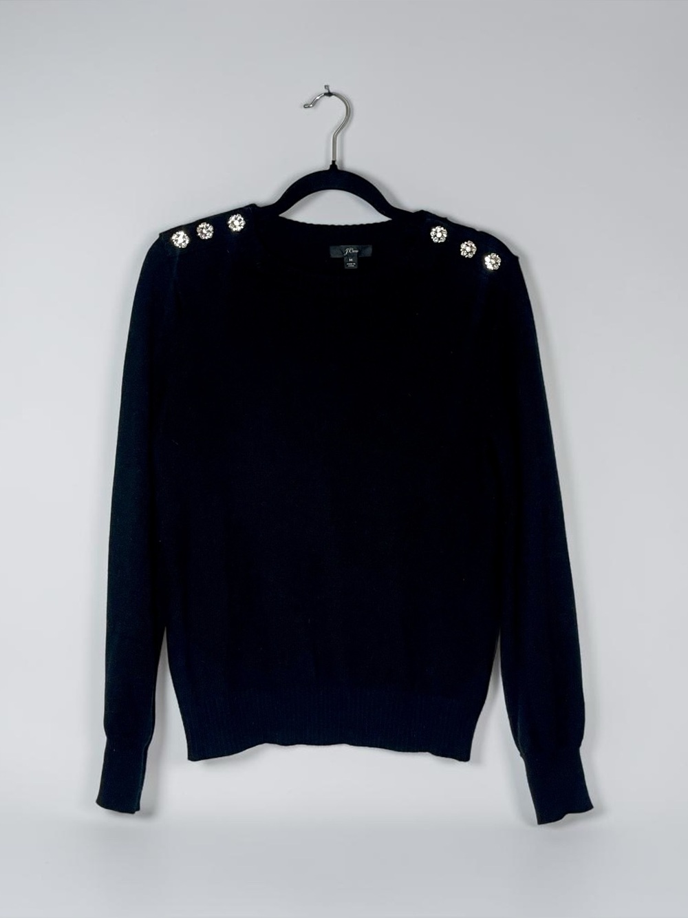 J Crew Wool Embellished Crewneck Sweater Black Rhinestone Buttons Medium Glamour